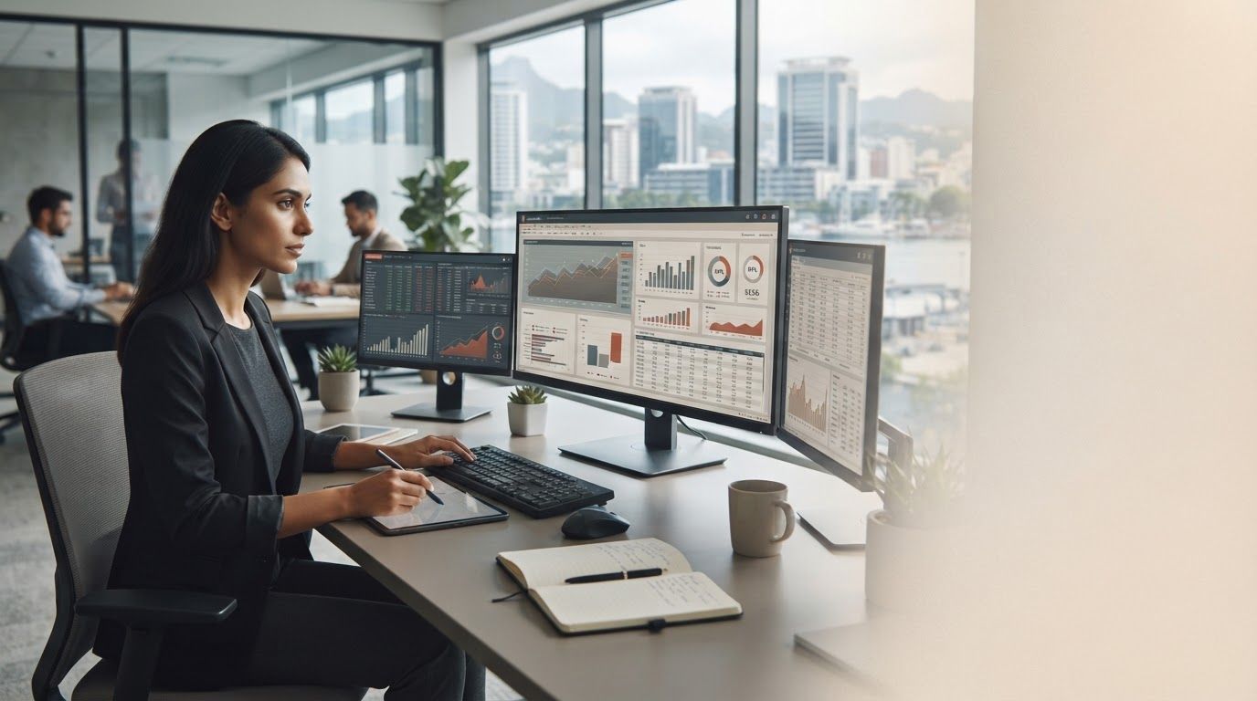 Treu Mehrungshalt — Datenflüsse und Prognosekurven in einem dunklen Dashboard visualisiert